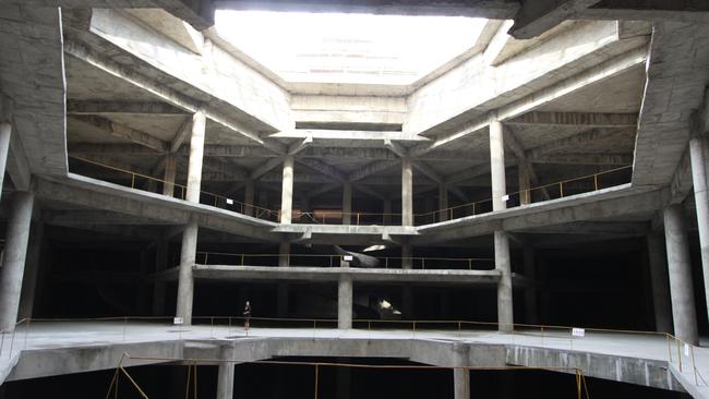 Inside the ground floor of the 105-story Ryugyong Hotel in Pyongyang.