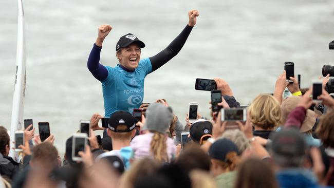 Stephanie Gilmore  celebrates winning the Rip Curl Pro at Bells Beach on Thursday.