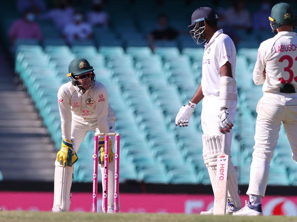 India's Ravichandran Ashwin exchanges words with Australia's captain Tim Paine. Picture: AFP