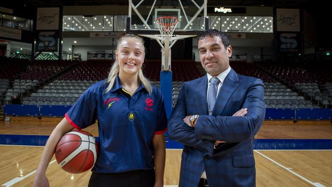 Former Adelaide Lightning player Brooke Basham with Ross Pelligra. Picture: Mark Brake