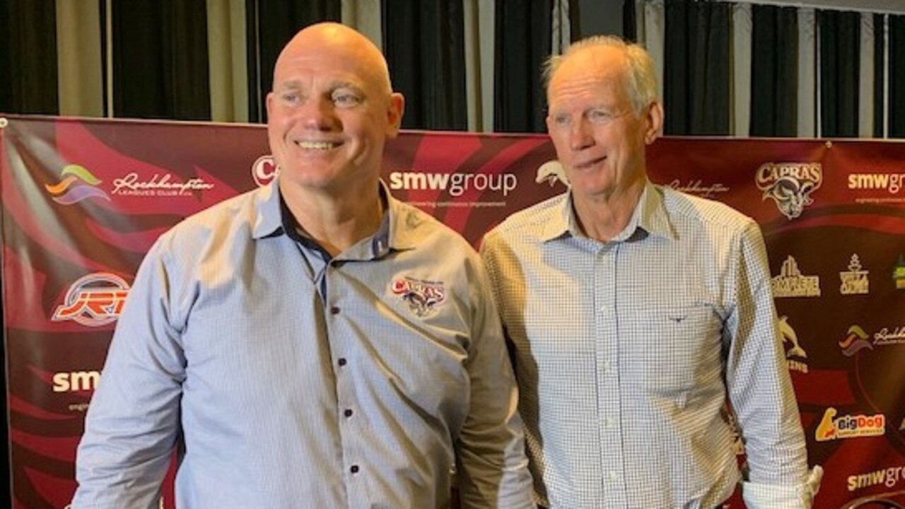 CQ Capras' CEO Peter White and Dolphins' head coach Wayne Bennett announce the clubs' affiliation at the Rockhampton Leagues Club on Wednesday.