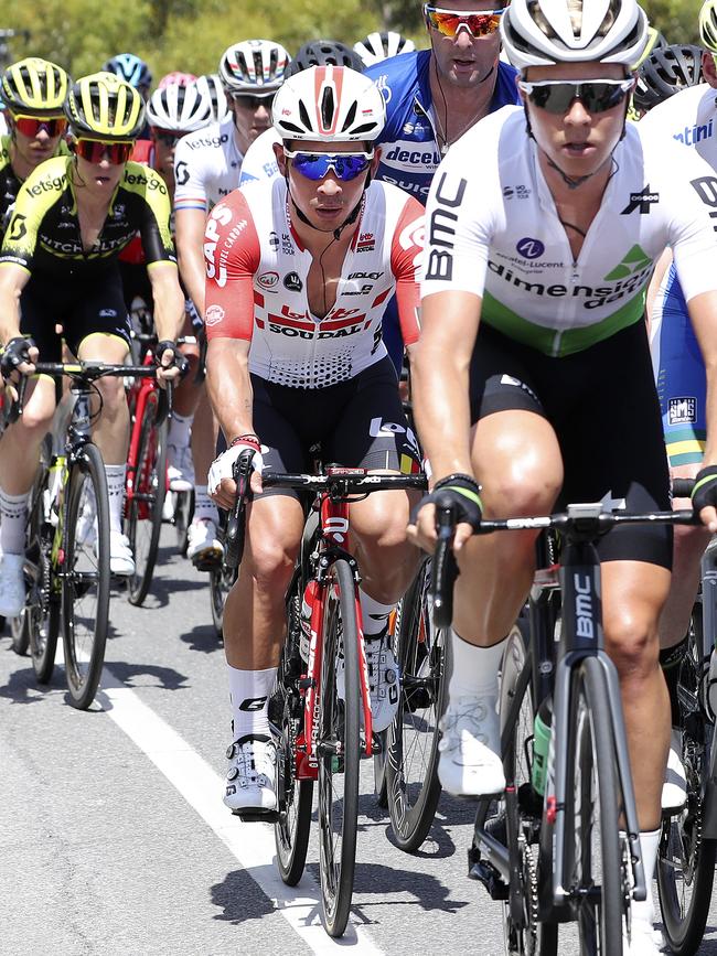 Caleb Ewan stays tucked in the peloton on Stage 1. Picture Sarah Reed