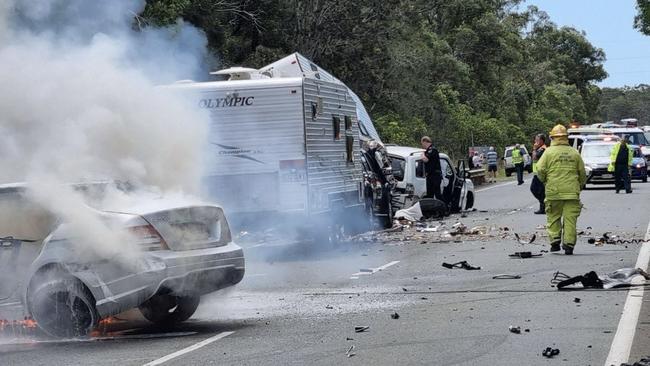 A multi-vehicle crash blocked the Maryborough-Hervey Bay Road, disrupting traffic at Susan River on Thursday. Photos: Contributed