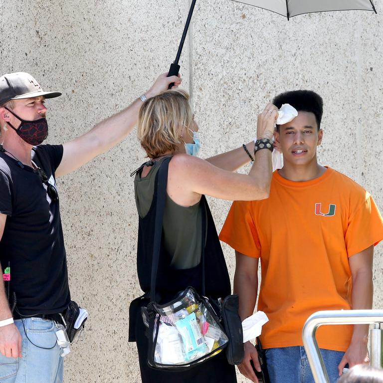 Actor Dominic Goodman on the set of Young Rock outside the Queensland Art Gallery, South Bank, yesterday. Picture: Steve Pohlner