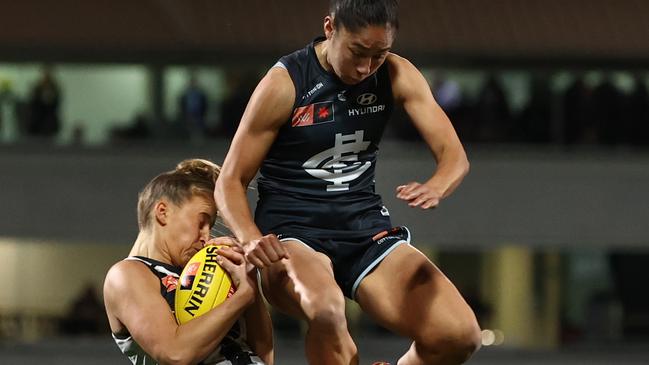 Darcy Vescio’s bump on Ruby Schleicher came under scrutiny but the Carlton star escaped a sanction. Picture: Michael Klein