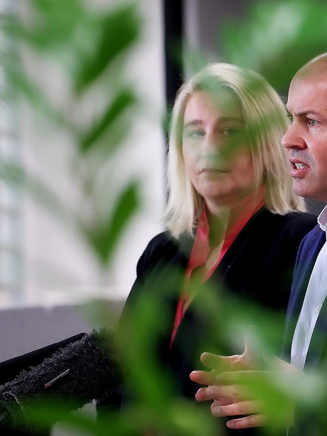 MELBOURNE, AUSTRALIA – NewsWire Photos 28 March, 2021: Breast Cancer Network Australia CEO Kirsten Pilatti looks on as Federal Treasurer Josh Frydenberg answers questions into the finish of JobKeeper today. Picture: NCA NewsWire / Ian Currie