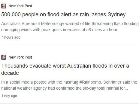 The New York Post had regular updates on Australia's floods on its breaking news stream. Picture: Supplied