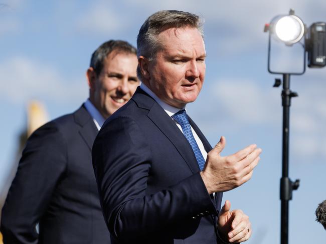 BRISBANE, AUSTRALIA - NewsWire Photos JULY 30, 2024:  Energy Minister Chris Bowen and Treasurer Jim Chalmers  at a press conference at Ampol Oil refinery at Lytton on Tuesday. Picture: NewsWire / Lachie Millard