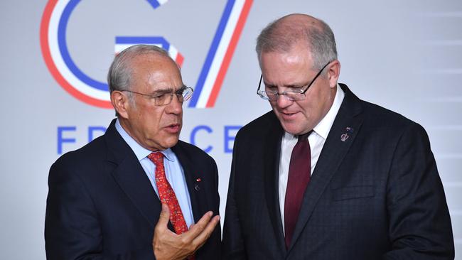 The OECD Secretary-General Jose Angel Gurria meets Prime Minister Scott Morrison in Biarritz, France in 2019. Picture: AAP Image