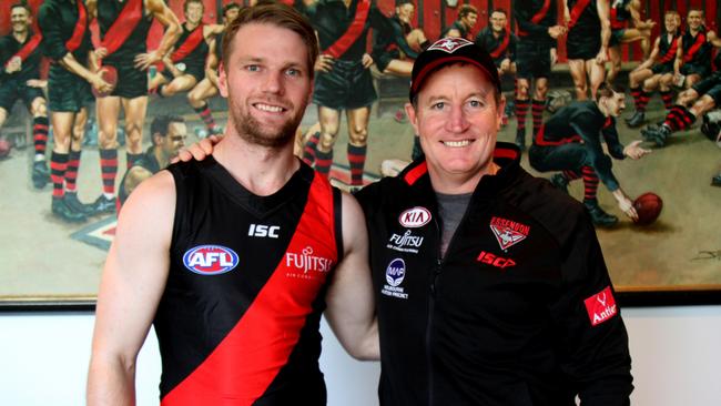 Jake Stringer with Bombers coach John Worsfold. Picture: essendonfc.com.au