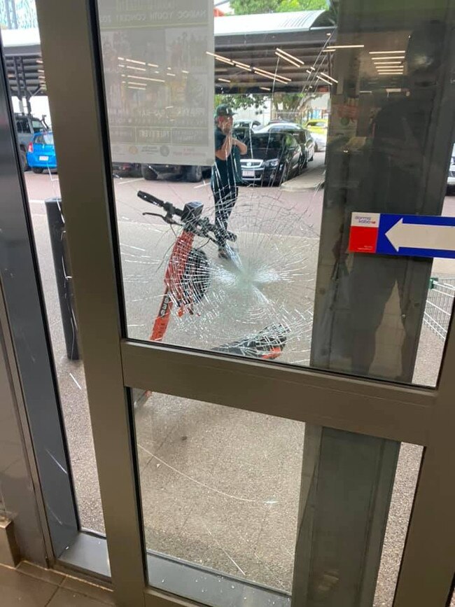 A rock-throwing incident has damaged several cars and windows at Woolworths in Darwin CBD. Picture: FACEBOOK