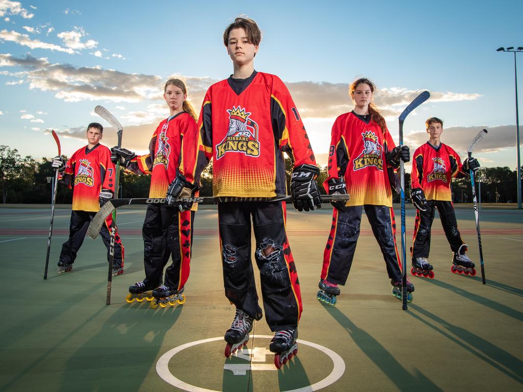 Brisbane Kings Inline Hockey club players Daine Arthur, Georgia Watts, Jackson Stanke, Kayla Arthur and Julian Kitson took to netball courts on Tuesday after the last skating centre closed its doors. PICTURE: Brad Fleet