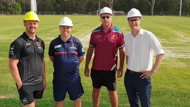 David Stagg (Aspley ‘Devils’ Rugby League Football Club), Keane White (Bracken Ridge District Cricket Club) and Stephen Buckley (Aspley Devils) with Member for Aspley Bart Mellish at the new Carseldine sport precinct.