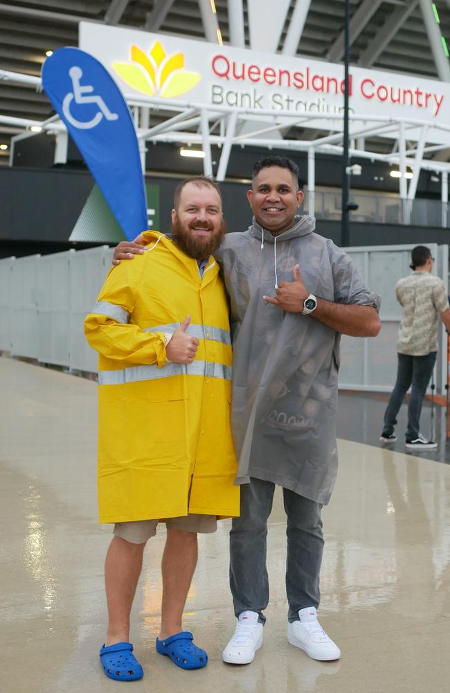 Matthew Sullivan and Cody Saltmere before the NRL All Stars matches in Townsville on Friday. Picture: Blair Jackson