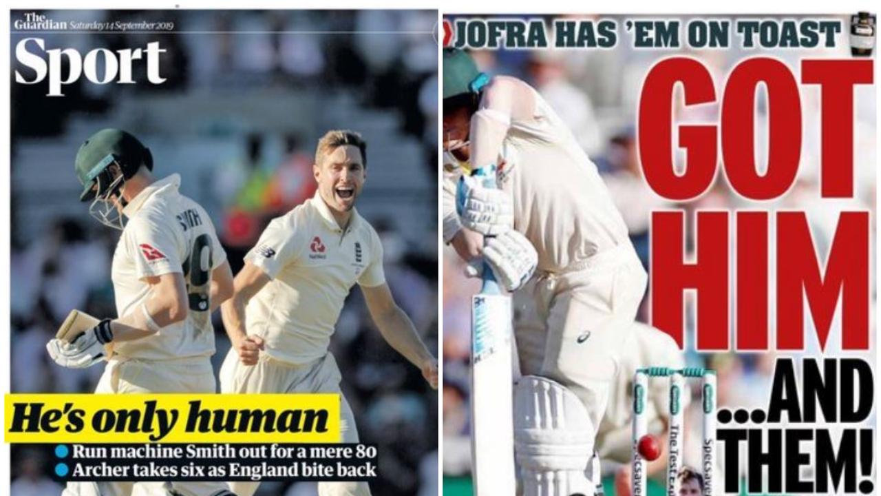 The UK press’ reaction to Steve Smith’s dismissal at The Oval (Guardian, left, Mirror, right).