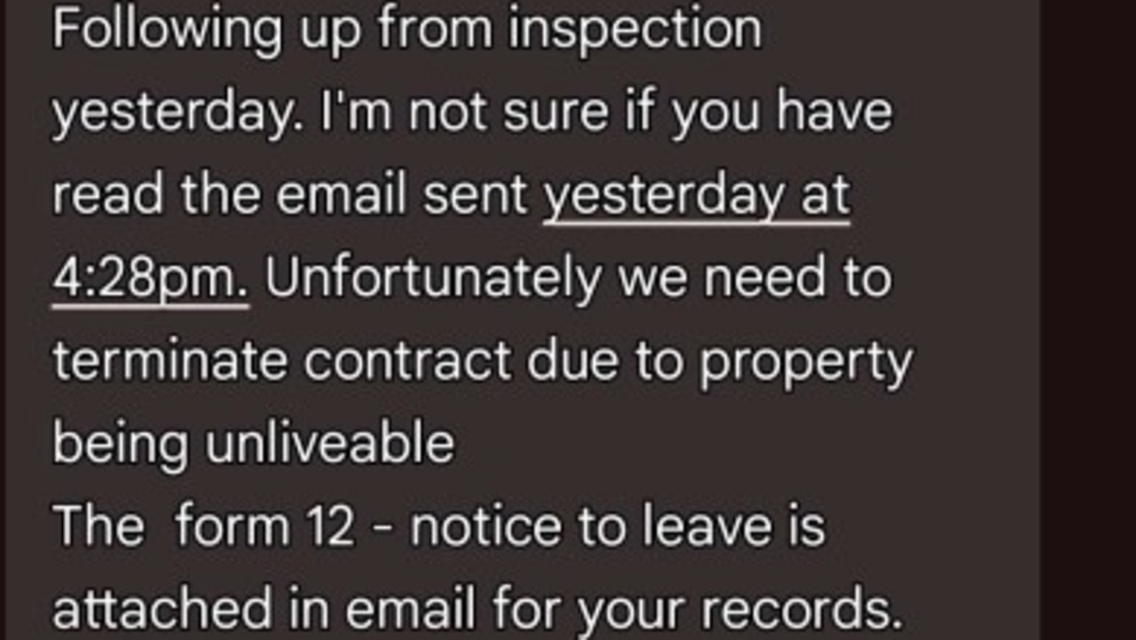 Text messages from Coronis alerting the couple to the notice to terminate the lease. Picture: Supplied