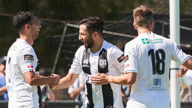 Adelaide City’s Nicholas Bucco celebrates a goal in the club’s 3-0 win over Cumberland United