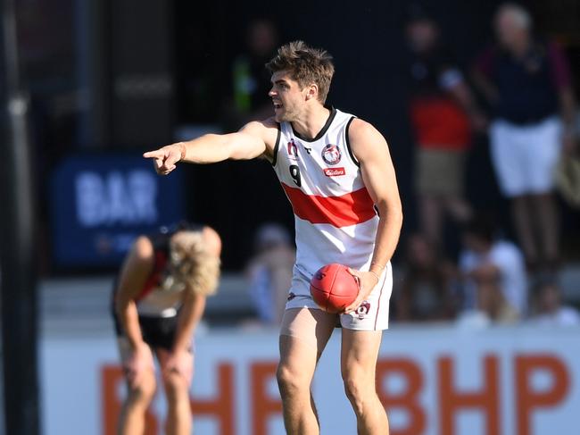 Redland Victoria Point captain Mitch Stallard in the 2024 QAFL grand final. Picture: Highflyer Images.