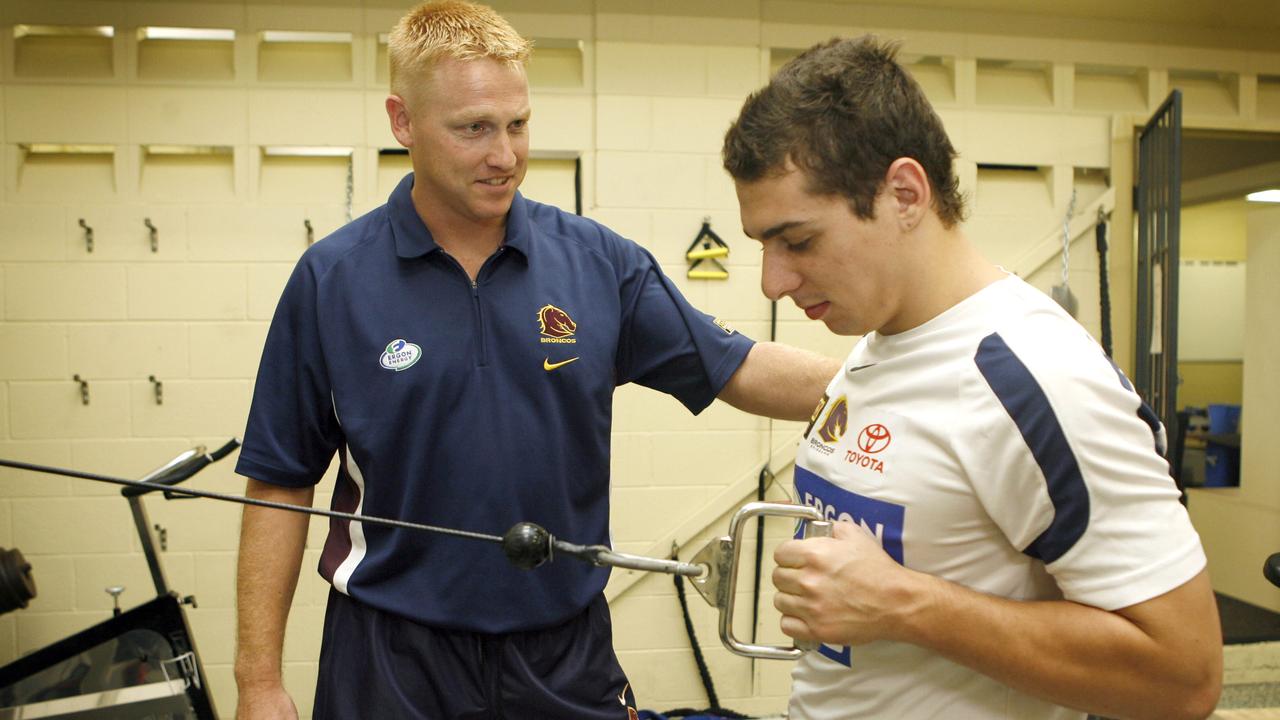 Former Brisbane Broncos strength and conditioning coach Jeremy Hickmans with Denan Kemp.