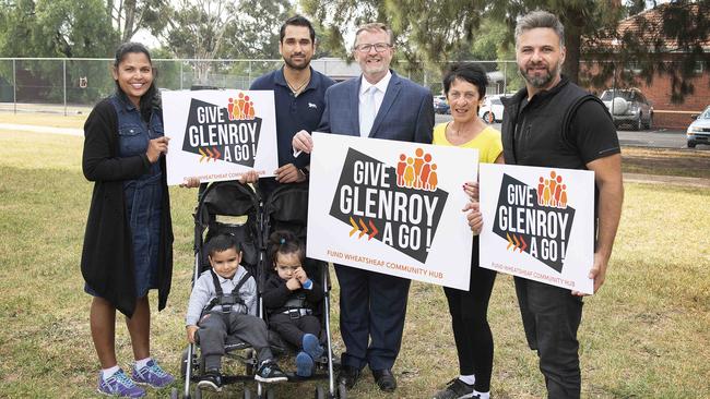 Sureka Heeraluge with boys Ehaan and Parin, Deepak Sureka, Moreland Mayor John Kavanagh, Anne Harvey and Ned Palay all want a community hub. Picture: Ellen Smith