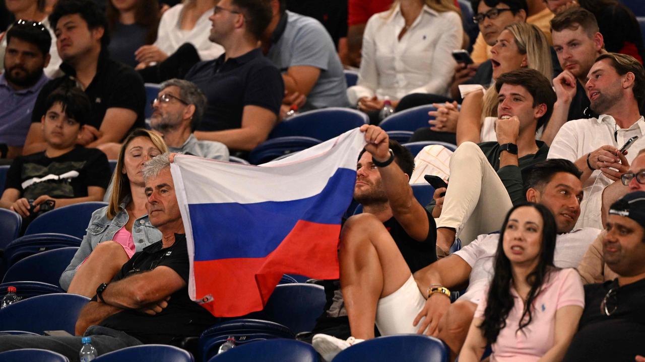 A Russian flag in the crowd during Daniil Medvedev’s win on day one.