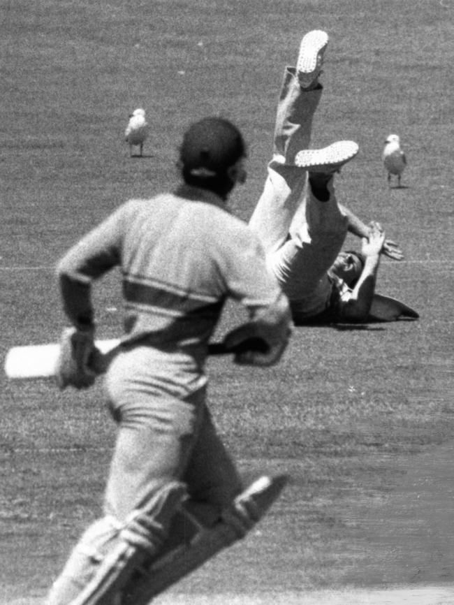 Graeme Wood falls in a heap after missing a catch from Gordon Greenidge in 1985.