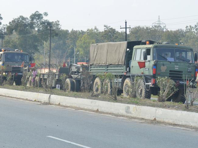 Indian army convoy through the roads on the outskirts of Amritsar. Both sides continue to amass troops and equipment near the Kashmir Line of Control. Picture: AFP