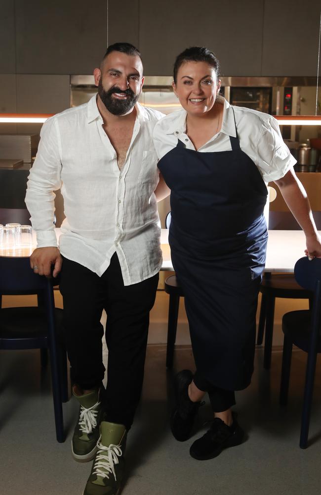 Hero ACMI, a restaurant in Melbourne, has abruptly closed down. Karen Martini and Michael Gebran pictured at the restaurant in early 2021, a few months after opening. Picture: Alex Coppel.