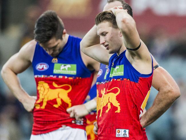 Brisbane Lions react to loosing their round 19 AFL match between the West Coast Eagles and the Brisbane Lions at Domain Stadium in Perth, Sunday, July 30, 2017. The Eagles won the match 113-45.(AAP Image/Tony McDonough) NO ARCHIVING, EDITORIAL USE ONLY