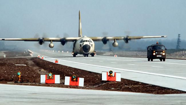 A C-130 Hercules aircraft taxing on a German motorway.