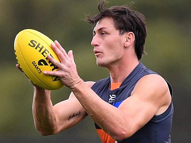 GWS Giants player Jake Stein takes part in a training session in Sydney, Thursday, June 13, 2019. The Giants play North Melbourne on Sunday. (AAP Image/Dan Himbrechts) NO ARCHIVING