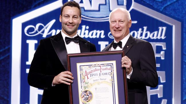 Hall of Fame inductee Jimmy Bartel with Richard Goyder at the Australian Football Hall of Fame induction ceremony. (Photo by Michael Willson/AFL Photos/via Getty Images)