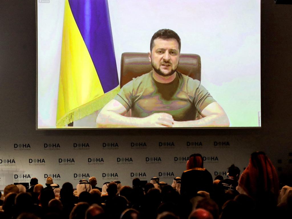 Ukraine's President Volodymyr Zelenskyy remotely addresses by video-link the Doha Forum in Qatar's capital on March 26. Picture: AFP