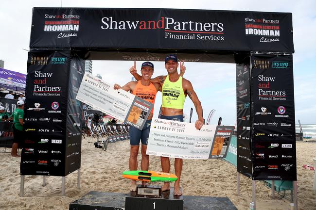 Matt Poole (right) won the open men's ironman race at the Summer of Surf Shannon Eckstein Classic at BMD Northcliffe. Matt Bevilacqua finished second. Picture credit: Shane Myers 2022.
