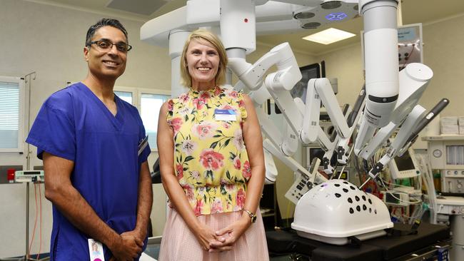 Doctor Jay Iyer and patient, Terrena Pearn. Terrena was the first patient on the table for the new robotic arm surgery. Picture: Caitlan Charles