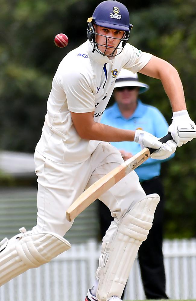 UQ batsman Angus Lovell Cricket action between UQ v Redlands Saturday December 17, 2022. Picture: John Gass