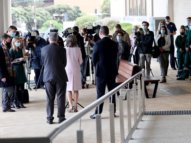 Hospital staff watch Premier Steven Marshall along with SA Health Minister Stephen Wade, Professor Nicola Spurrier during a Covid update press conference at the Modbury Hospital. Picture: NCA Newswire/ Kelly Barnes