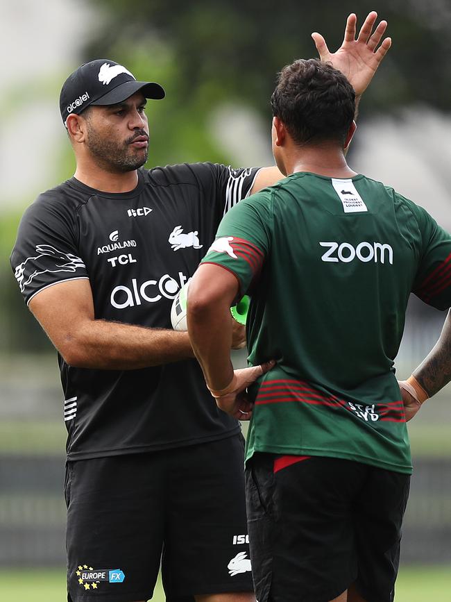 Former fullback Greg Inglis talks with Latrell Mitchell during South Sydney training. Picture: Brett Costello