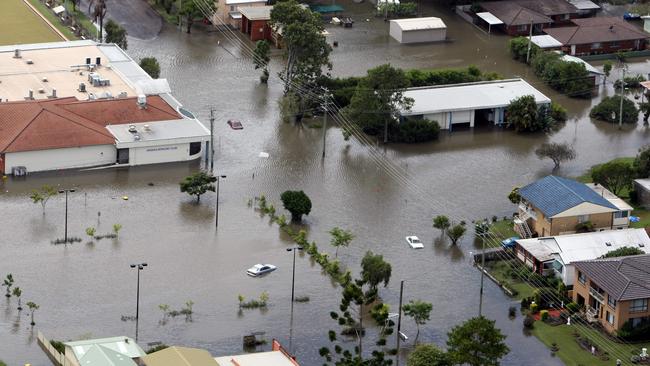 Aerial of the flood-ravaged area of the town of Urunga near Coffs Harbour on the NSW mid north coast in 2009.