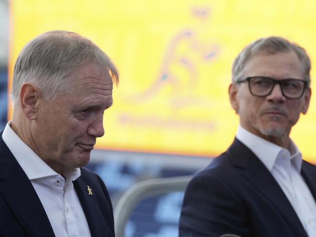 Joe Schmidt, left, witrh future head coach Les Kiss. Picture: AP Photo/Rick Rycroft