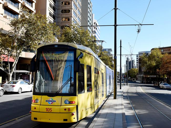 A tram on North Tce. Labor has promised $500m for a citywide tram network across Adelaide.