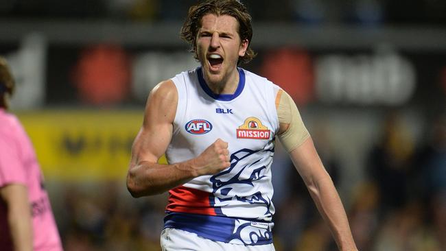 Marcus Bontempelli celebrates a last quarter goal. Picture: Daniel Wilkins