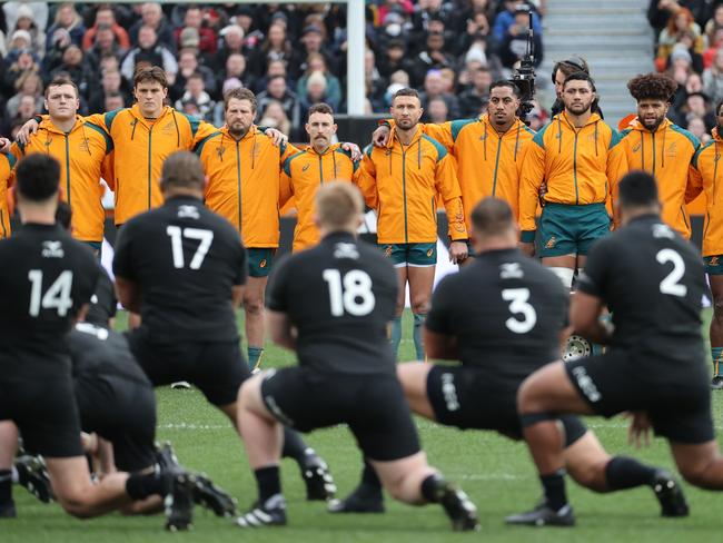 DUNEDIN, NEW ZEALAND – AUGUST 05: Australia faces the haka during The Rugby Championship &amp; Bledisloe Cup match between the New Zealand All Blacks and the Australia Wallabies at Forsyth Barr Stadium on August 05, 2023 in Dunedin, New Zealand. (Photo by Peter Meecham/Getty Images)