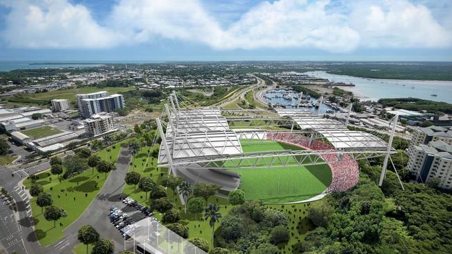 An artist’s impression showing one of two designs for the proposed AFL stadium in the Darwin CBD. Picture: Supplied