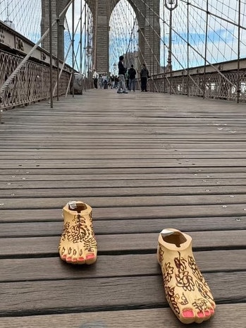 Prosthetic feet on Brooklyn Bridge, lent to the Breakthrough team by London bombing survivor, Dr Gill Hicks.