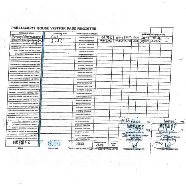 Exhibit A: The security ledger showing what prosecutors claim is Bruce Lehrmann signing himself and a drunk Brittany Higgins into Canberra's Parliament House.