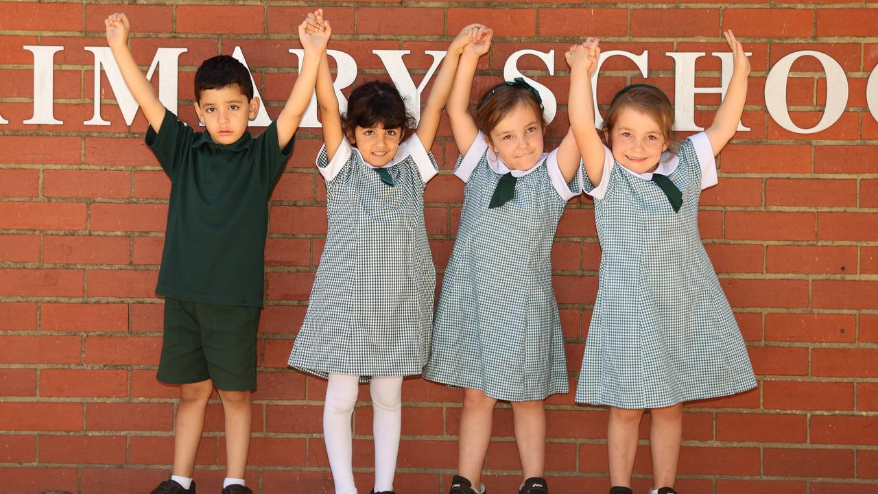 Geelong South Primary School Preps has two sets of twins this year, Youssef and Talia Elkashlan and Anna and Catherine Hannett. Picture: Alison Wynd