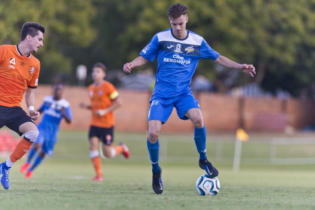 Wade Hall for South West Queensland Thunder against Brisbane Roar in NPL Queensland men round two football at Clive Berghofer Stadium, Saturday, February 9, 2019. Picture: Kevin Farmer