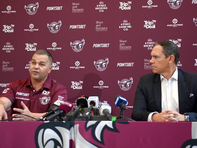 SYDNEY, AUSTRALIA -  NOVEMBER 29, 2022: Newly appointed Manly Sea Eagle Coach Anthony Seibold and CEO Tony Mestrov. at Brookvale Oval.Picture: Jeremy Piper