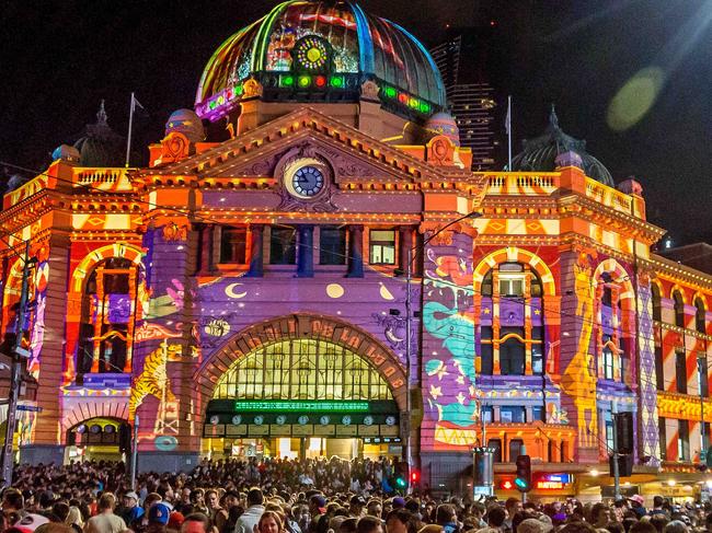 Photo: Hamish BlairA view of Flinders Street Station during the White Night Festival on Saturday, February 22, 2013 in Melbourne, Australia.